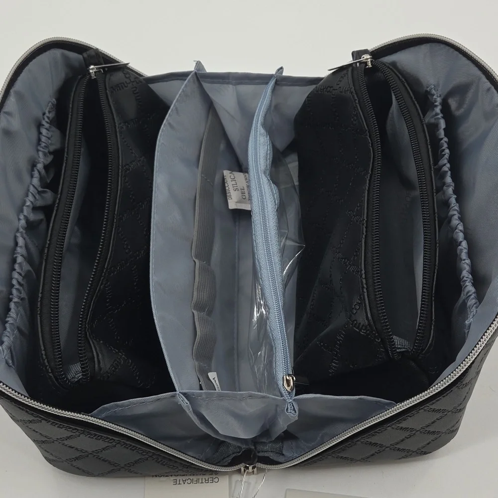 Black Checkered Toiletry Bag With Multiple Compartments
